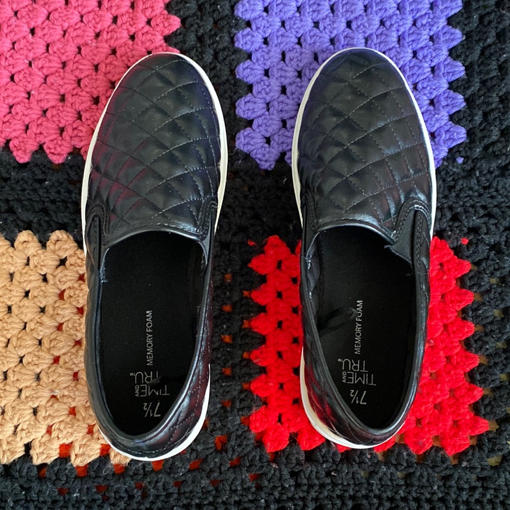 Black faux leather slip-ons 7 1/2